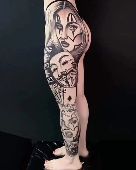 Realism Black And Grey Joker, Guy Fawkes Mask, cards, dice tattoo design for women on leg.