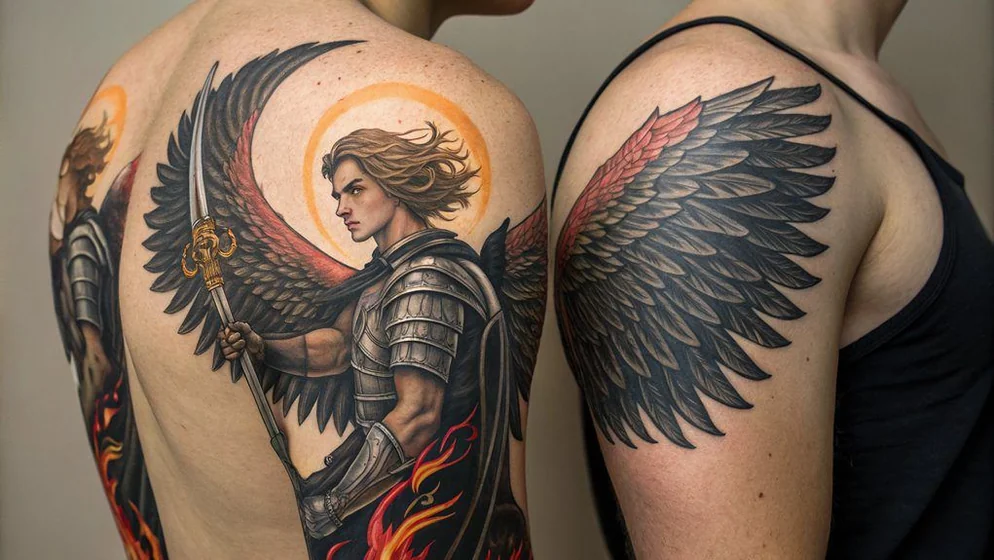 Realism Neo-Traditional Saint Michael angel warrior tattoo for men and women on back and shoulder.