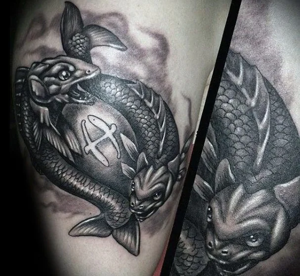 Realism black and grey dragon, fish, Sagittarius tattoo on upper arm