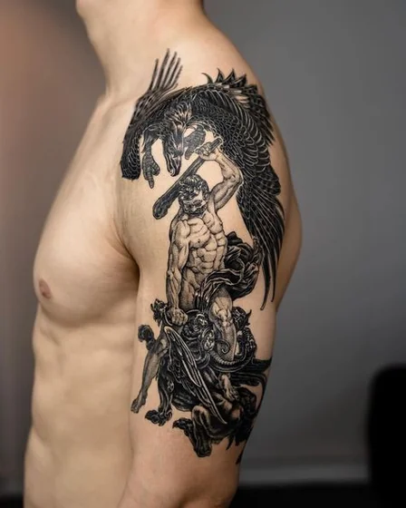 Realism woodcut Saint Michael & eagle tattoo for men on shoulder