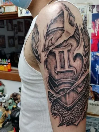 Realistic 3D Gemini tattoo design for men on upper arm half sleeve