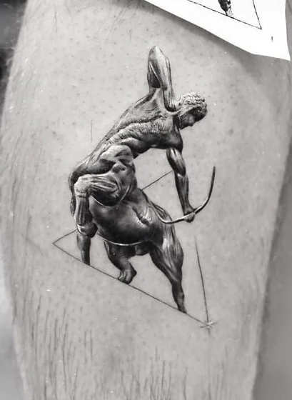 Realistic 3D effect Sagittarius centaur tattoo design for men on calf