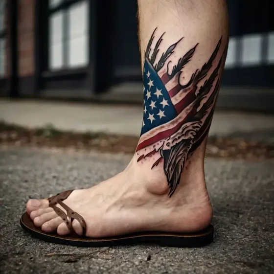 Realistic American Flag and Eagle 3D effect tattoo for men on calf