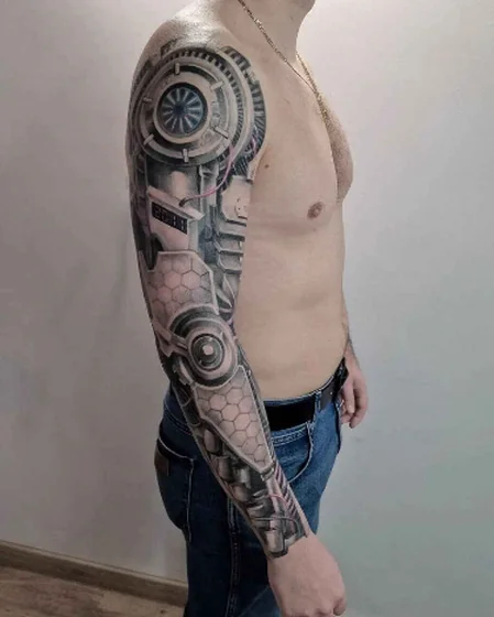 Realistic Biomechanical full sleeve tattoo design with gears for men