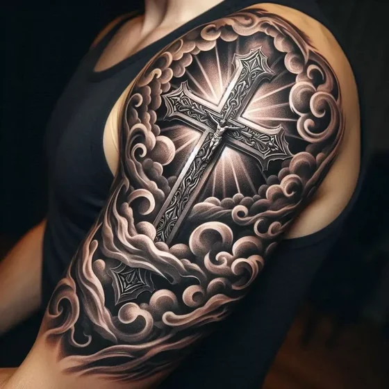 Realistic Black And Grey Cross and Jesus tattoo idea for men on shoulder