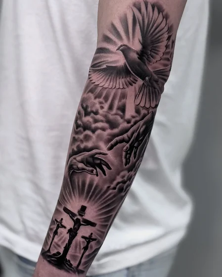 Realistic Black And Grey Dove, Cross, Jesus tattoo design for men on forearm
