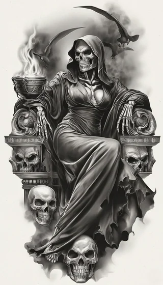 Realistic Black And Grey Grim Reaper, Skull, Raven tattoo design for women