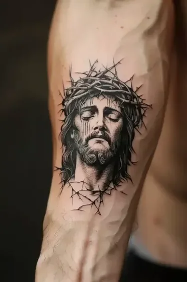 Realistic Black And Grey Jesus tattoo design for men on bicep