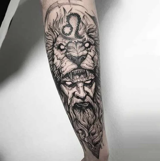 Realistic Black And Grey Lion & Leo Greek Mythology tattoo for men on forearm