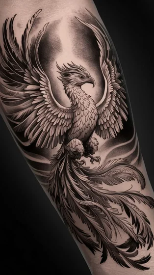 Realistic Black And Grey Phoenix tattoo idea for men and women on upper arm