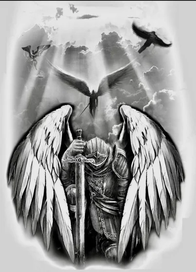 Realistic Black And Grey Saint Michael Angel Warrior tattoo design for men