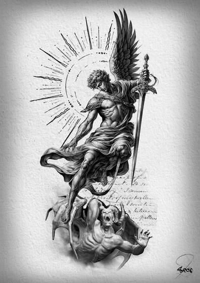 Realistic Black And Grey Saint Michael and Demon tattoo design for men