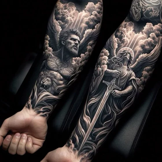 Realistic Black And Grey Saint Michael & lion tattoo design for men on forearm