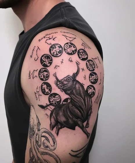 Realistic Black And Grey Taurus zodiac tattoo design for men on upper arm.
