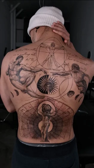 Realistic Black And Grey Vitruvian Man, Creation of Adam, Atlas, Sun, Moon tattoo design for men on back