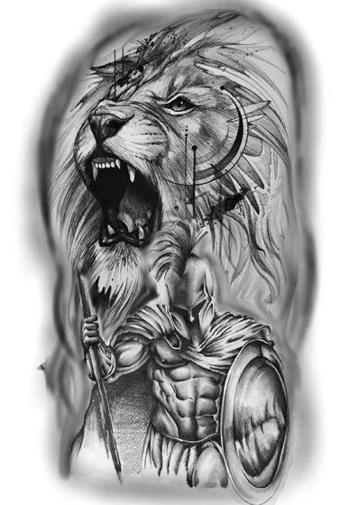 Realistic Black and Grey Lion and Spartan tattoo design for men on shoulder