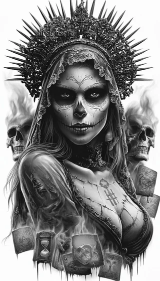 Realistic Black and Grey Sugar Skull woman with skulls tattoo design for women.