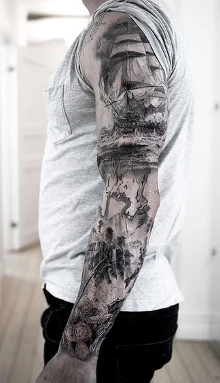 Realistic Black and Grey ship, map, palm trees tattoo for men