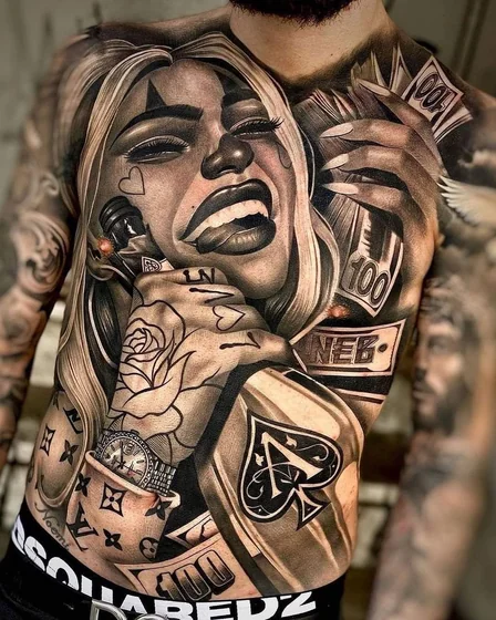 Realistic Chicano clown girl, money, cards, rose tattoo idea for men on chest