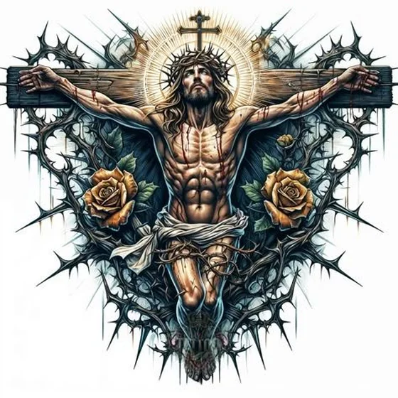 Realistic Gothic Jesus, Cross, Rose tattoo design for men