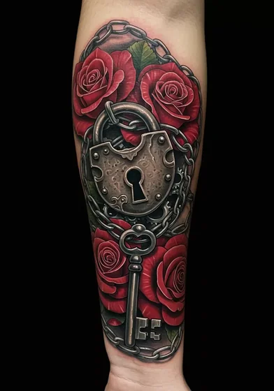 Realistic Gothic rose, lock, key, chain tattoo design for women on forearm