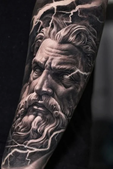 Realistic Greek God with lightning tattoo design for men on forearm