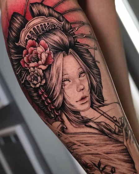 Realistic Japanese Geisha and floral tattoo idea for women on forearm