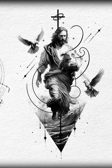 Realistic Jesus, Cross, Dove, Lamb fine line tattoo design for men