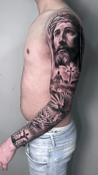 Realistic Jesus, Cross, Dove full sleeve tattoo design for men