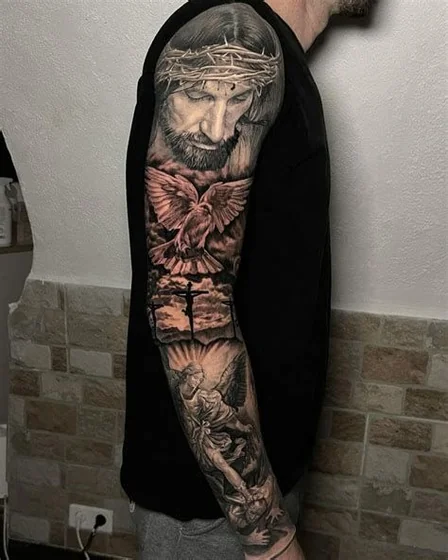Realistic Jesus, Dove, Angel full sleeve tattoo design for men