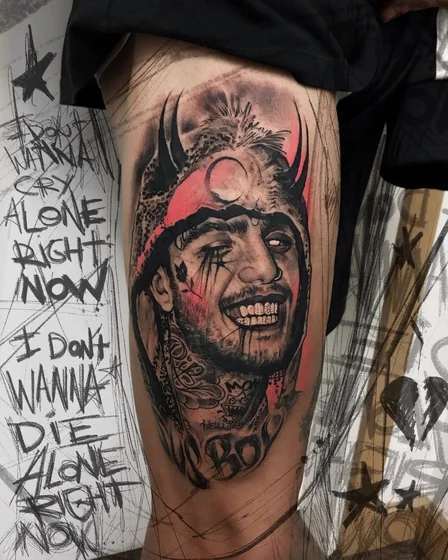 Realistic Lil Peep Portrait tattoo for men on thigh