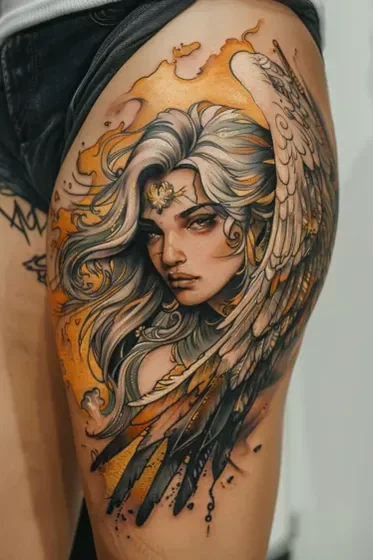 Realistic Neo-Traditional angel wing tattoo design for women on thigh