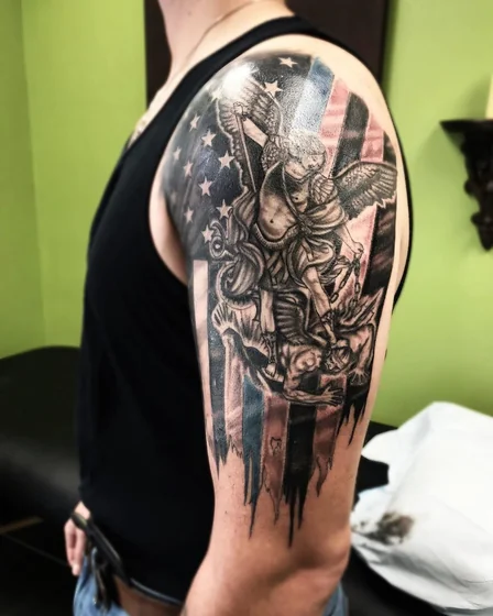 Realistic Saint Michael, American Flag tattoo design for men