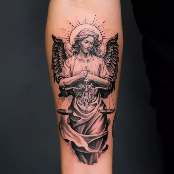 Realistic Saint Michael Angel Libra tattoo design for men and women on forearm