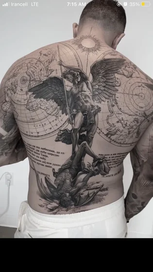 Realistic Saint Michael, Sun & World Map tattoo design for men on back