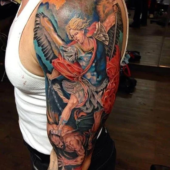 Realistic Saint Michael and Angel full sleeve tattoo design for women