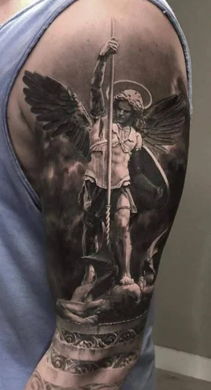 Realistic Saint Michael and Wing tattoo design for men on upper arm