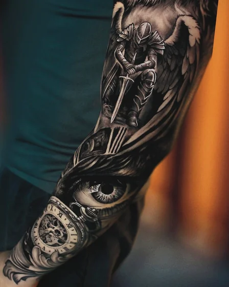 Realistic Saint Michael, clock, eye tattoo design for men on forearm