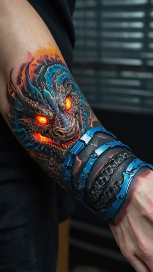 Realistic and biomechanical dragon tattoo design for men on forearm and wrist