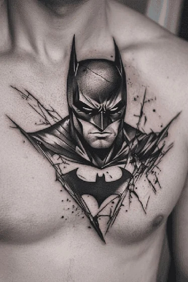 Realistic and sketch style Batman tattoo idea for men on chest