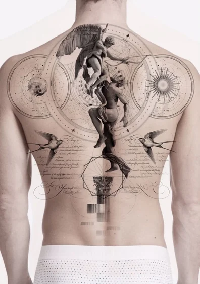 Realistic angel, moon, sun, and bird engraving style tattoo design for men on back.