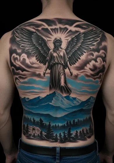 Realistic angel, mountain landscape tattoo idea for men on back