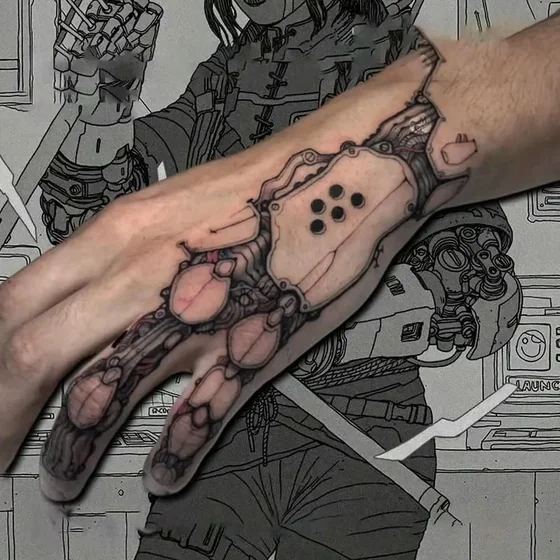 Realistic biomechanical cybernetic hand tattoo for men on hand, forearm