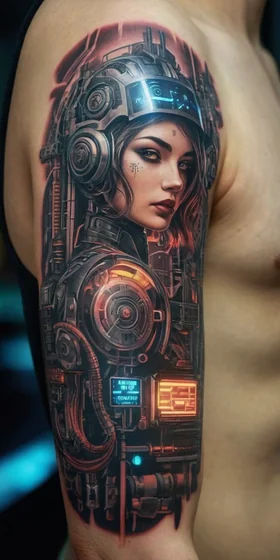 Realistic biomechanical cyborg woman tattoo for men on upper arm