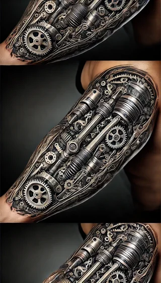 Realistic biomechanical mechanic tattoo design for men on upper arm