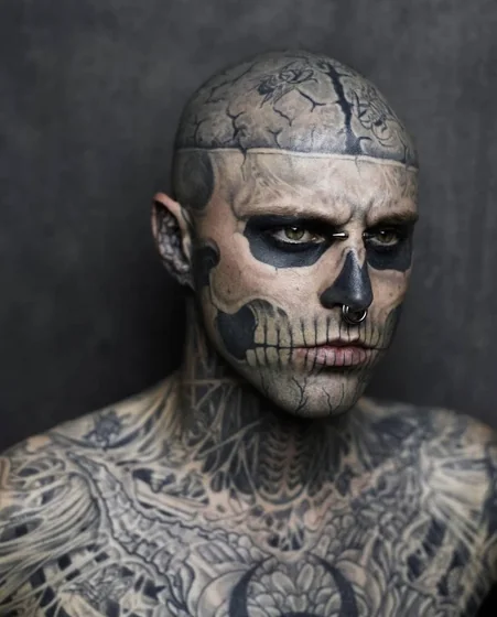 Realistic biomechanical skull and brain pattern tattoo design for men on face and neck