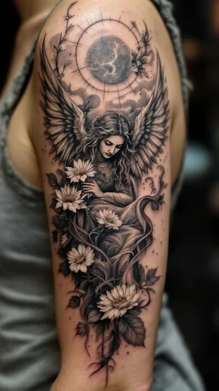 Realistic black and grey angel, floral, moon tattoo idea for ladies on upper arm.
