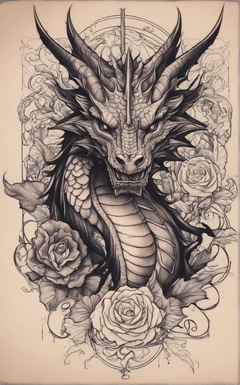 Realistic black and grey dragon and rose tattoo design