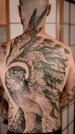 Realistic black and grey eagle tattoo design for men on back and shoulder