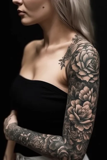 Realistic black and grey floral full sleeve tattoo design for women